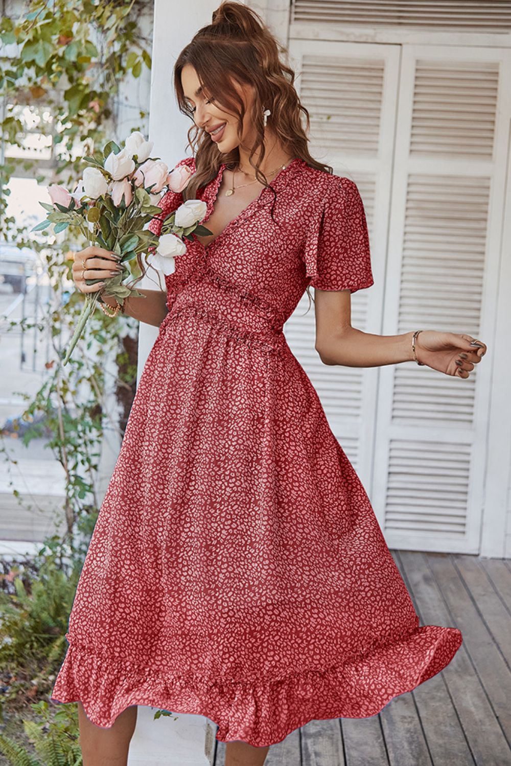 Leopard Frill Trim Flutter Sleeve Dress Ins Street