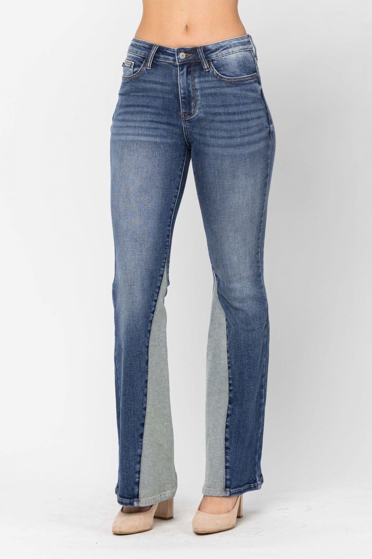 Mid-Rise Two Tone Panel Flare Jeans Ins Street