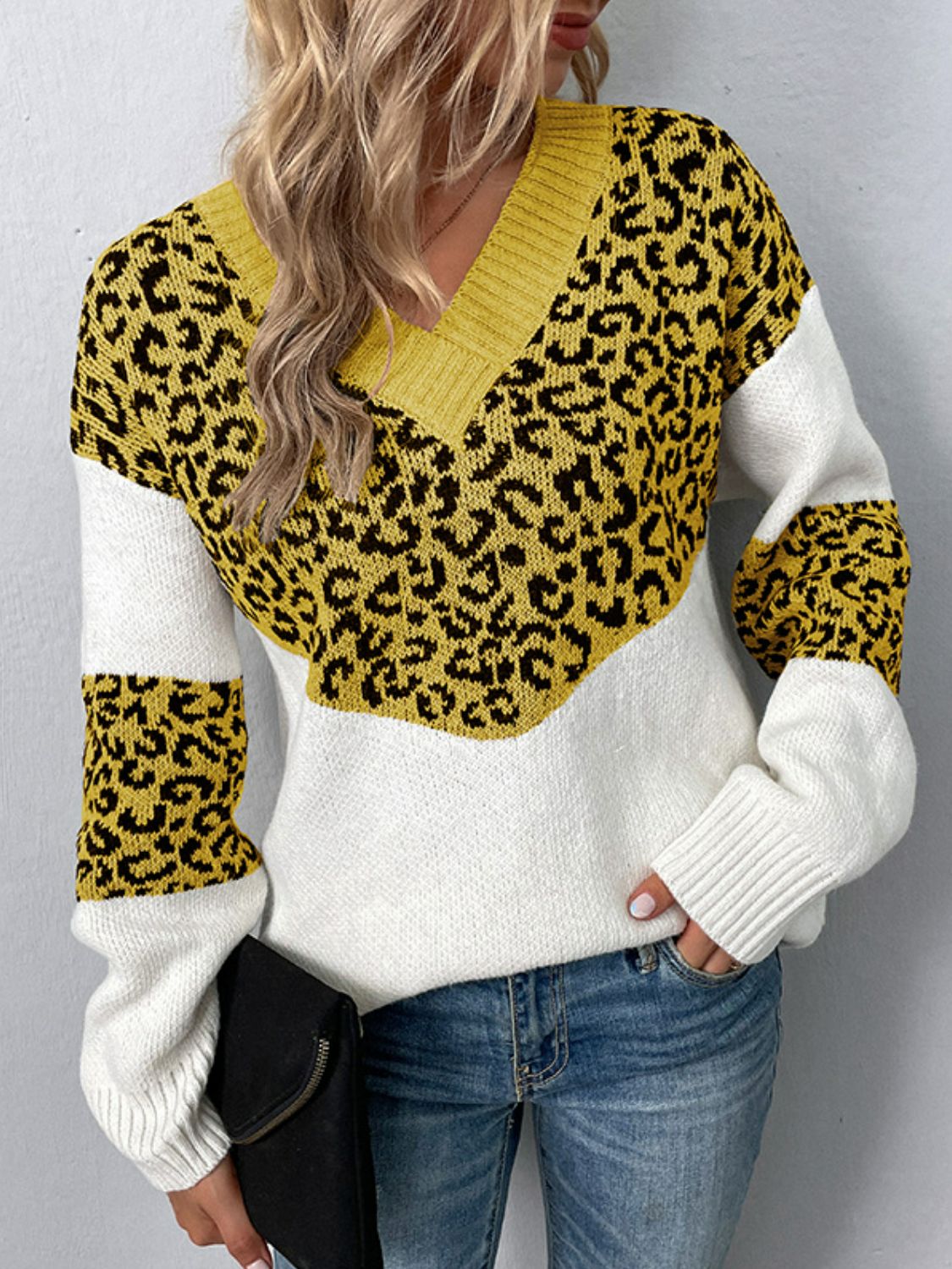 Leopard Color Block V-Neck Ribbed Trim Sweater Ins Street