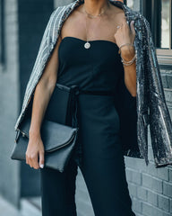 Exclusives Only Strapless Pocketed Velvet Tie Jumpsuit Ins Street