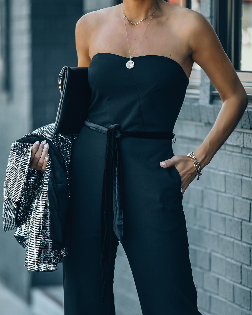 Exclusives Only Strapless Pocketed Velvet Tie Jumpsuit Ins Street