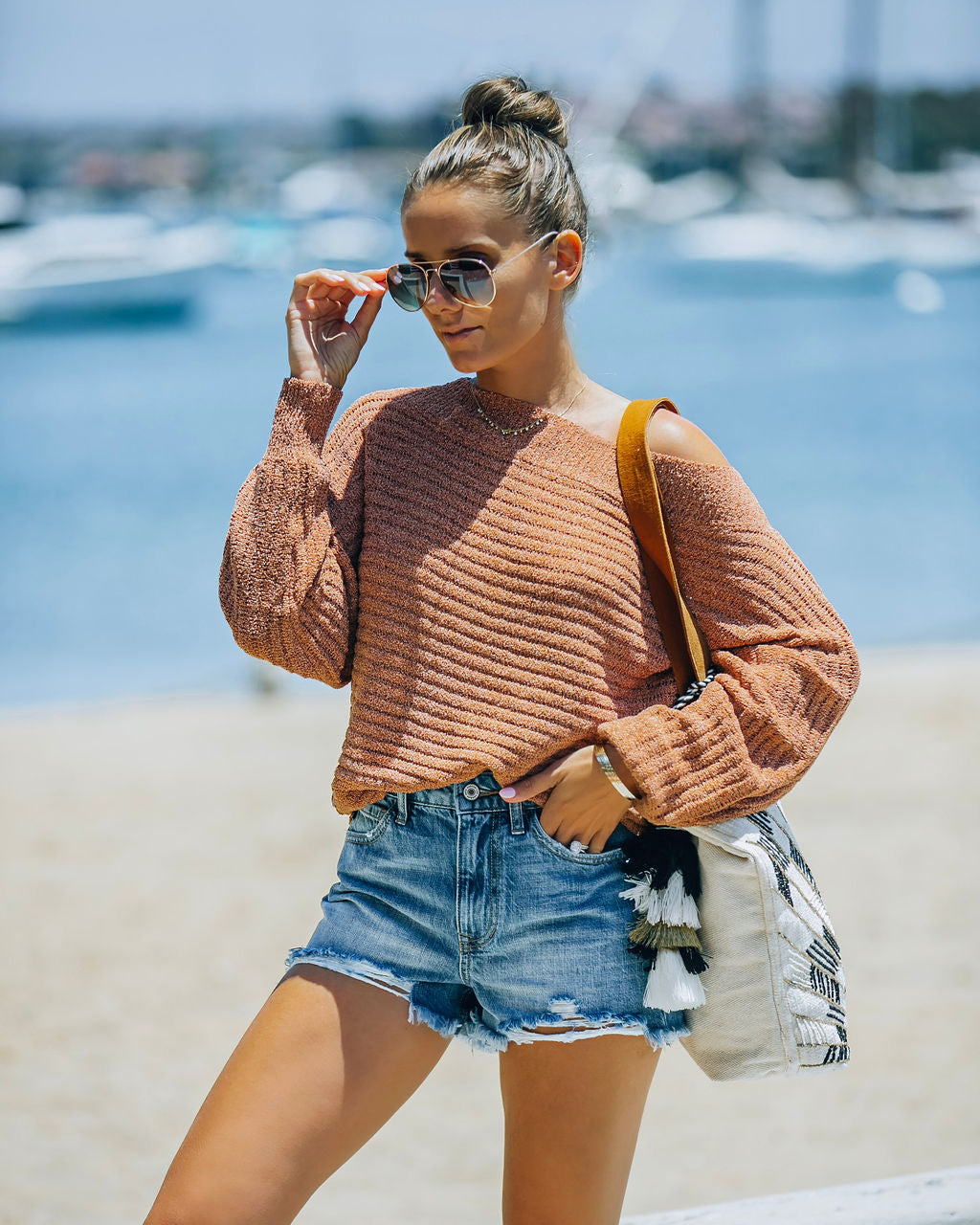 Laurence Ribbed Off The Shoulder Knit Sweater - Tan Ins Street