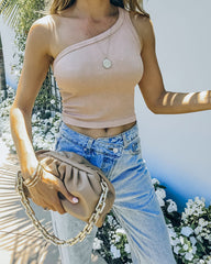 Lin Ribbed One Shoulder Crop Tank - Vintage Beige Ins Street