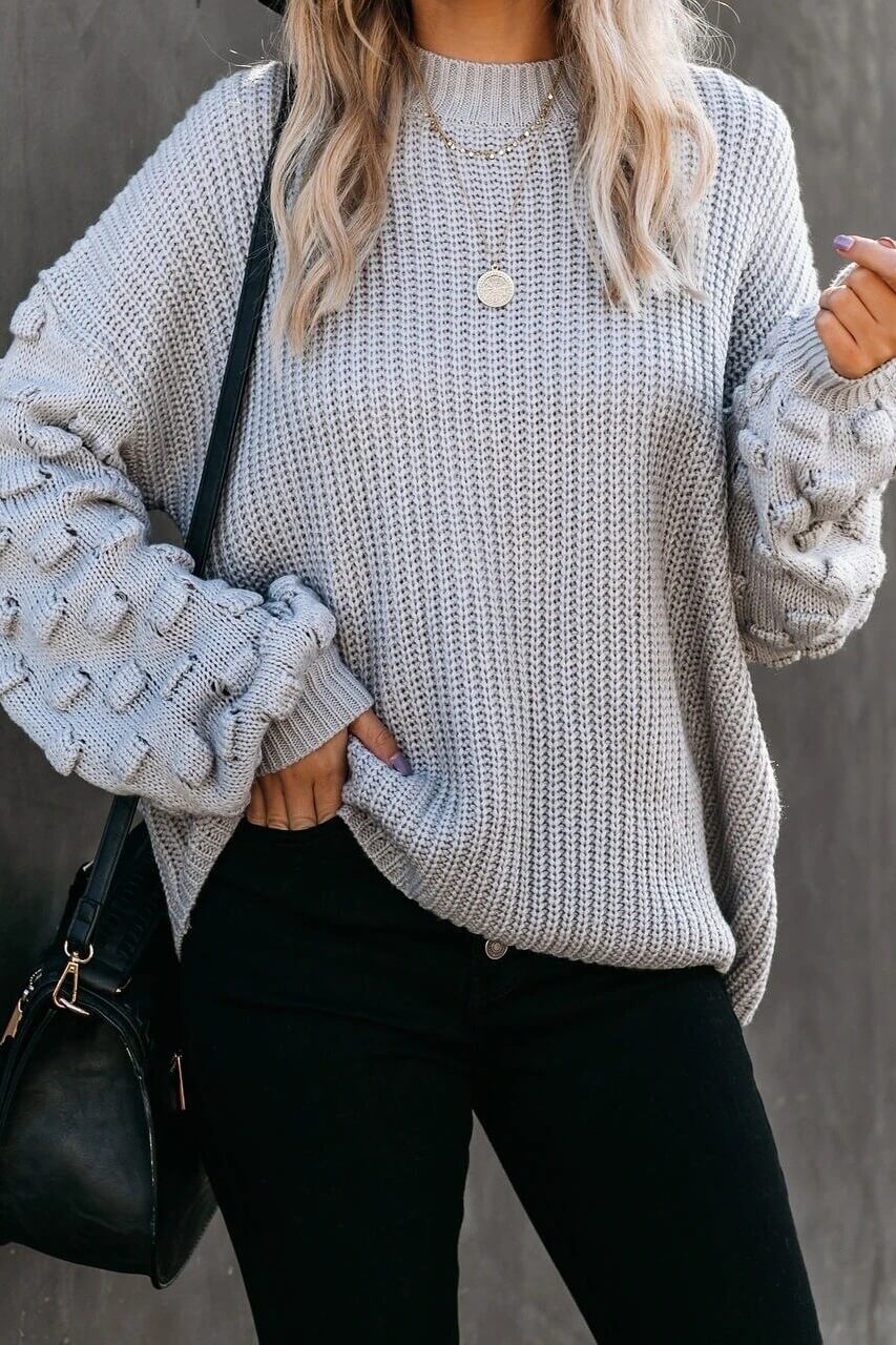 Textured Knit Sweater with Lantern Sleeves Ins street