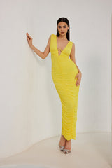 Soledad V Neckline Yellow Pleated Maxi Dress Ins Street