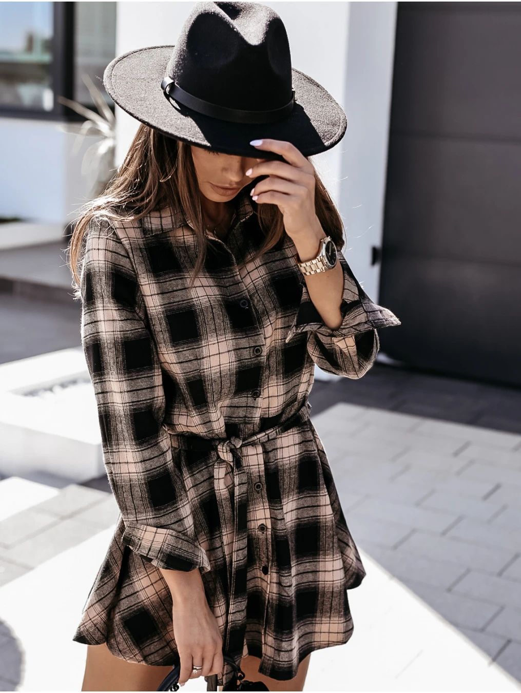 Granton Cotton Blend Plaid Button Down Shirt Dress Ins Street