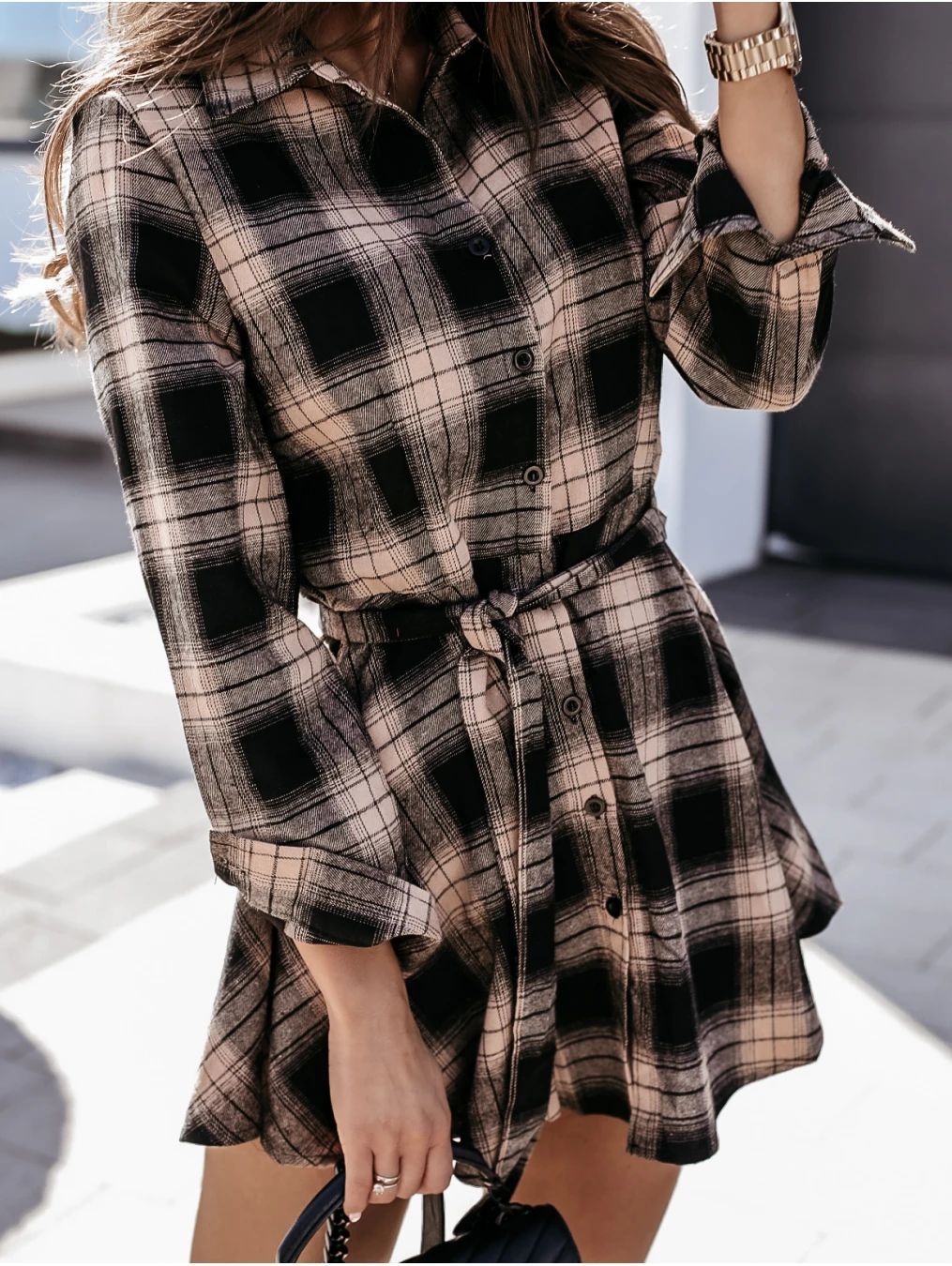 Granton Cotton Blend Plaid Button Down Shirt Dress Ins Street