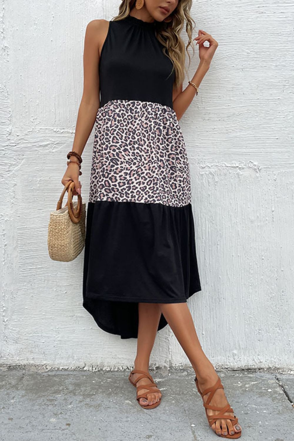 Leopard Contrast Sleeveless Maxi Dress Ins Street