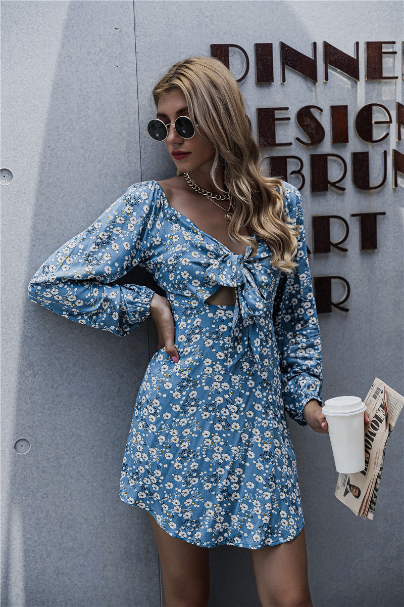 Springsteen Floral Tie Front Cutout Dress - Blue Ins Street