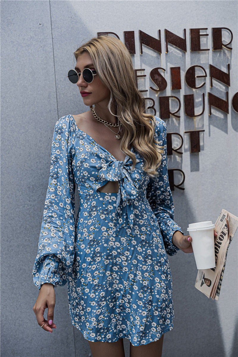 Springsteen Floral Tie Front Cutout Dress - Blue Ins Street