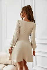 Lantern Sleeve V-Neck Textured Knit Dress Ins Street