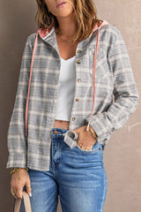 Plaid Drawstring Hooded Shirt Jacket Ins Street