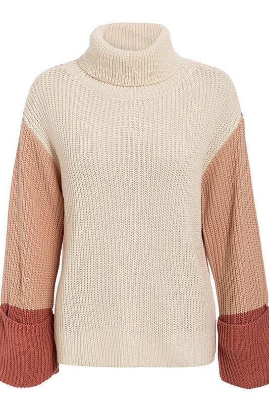 Contrast Sleeve Turn-Up Cuff Turtleneck Sweater Ins street