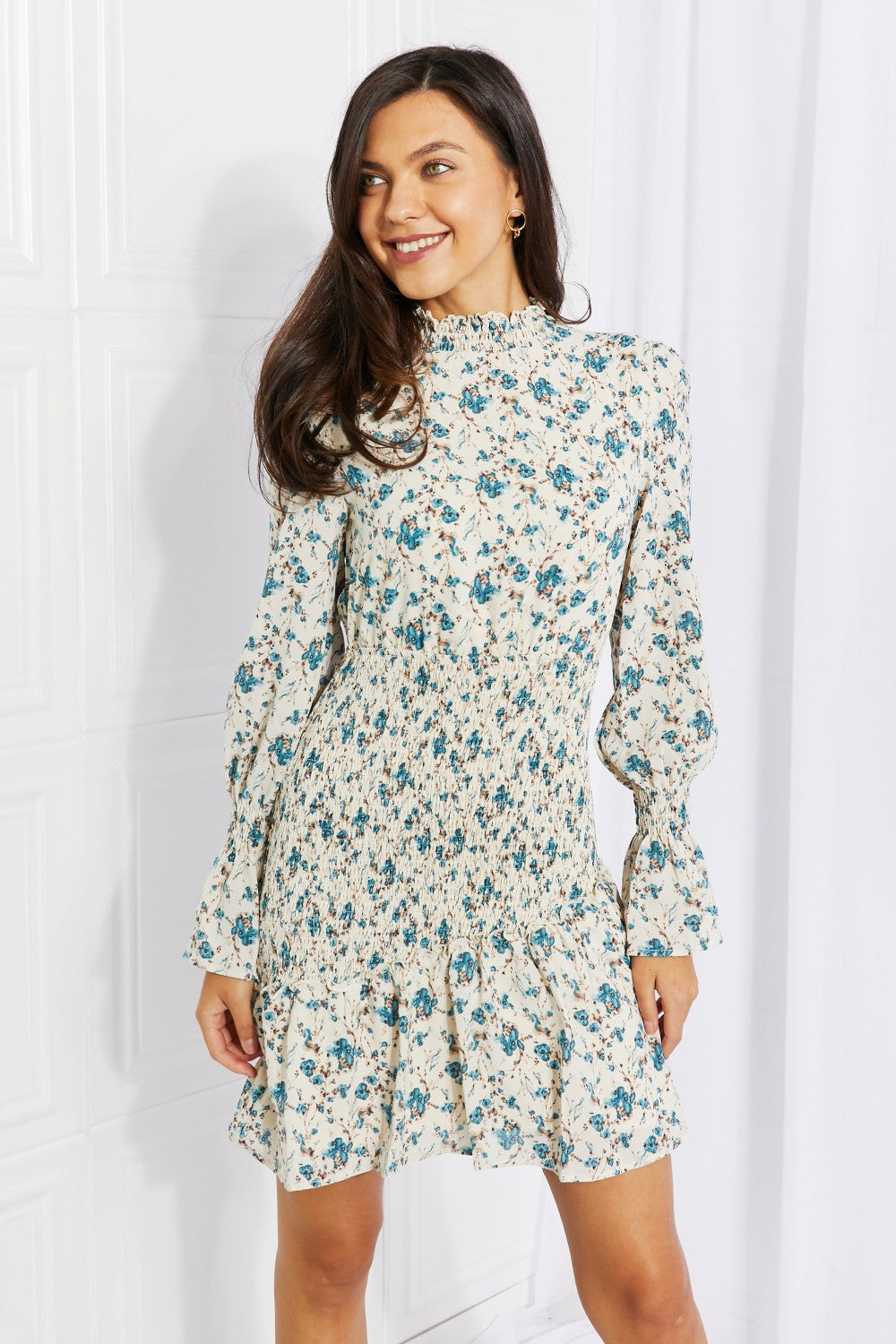 Petal Dew Meadowscape Floral Smocked Mock Neck Mini Dress Ins Street