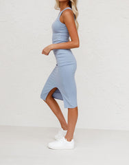 Magic Moments Ribbed Knit Midi Dress - Denim Blue Ins Street