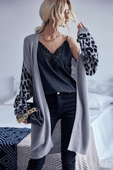 Leopard Sleeves Waffle Knit Open Front Cardigan Ins Street