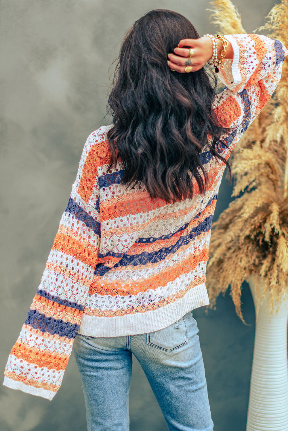 Multicolored Stripe Openwork Knit Pullover Ins Street