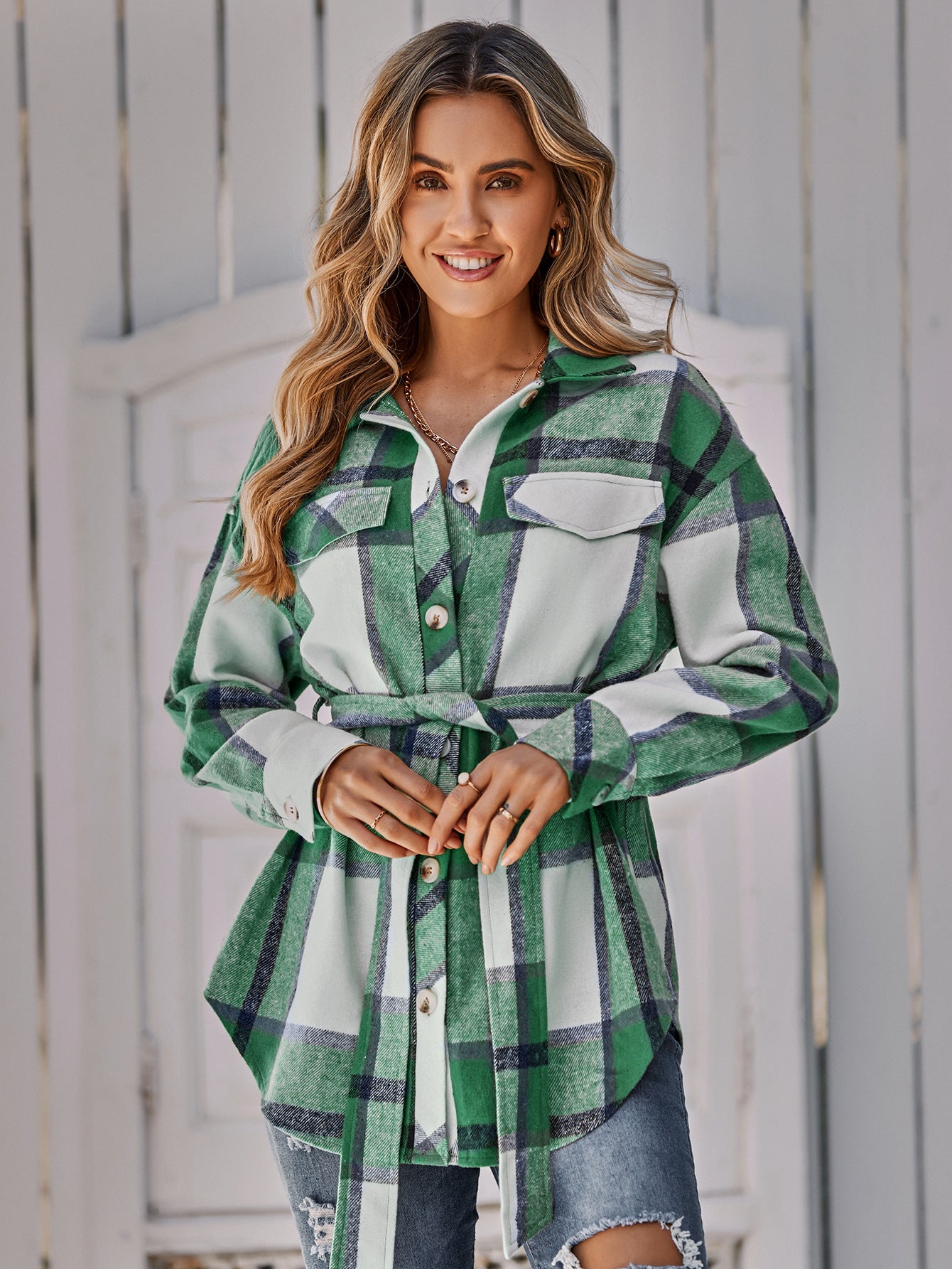 Plaid Belted Dropped Shoulder Shirt Jacket Ins Street