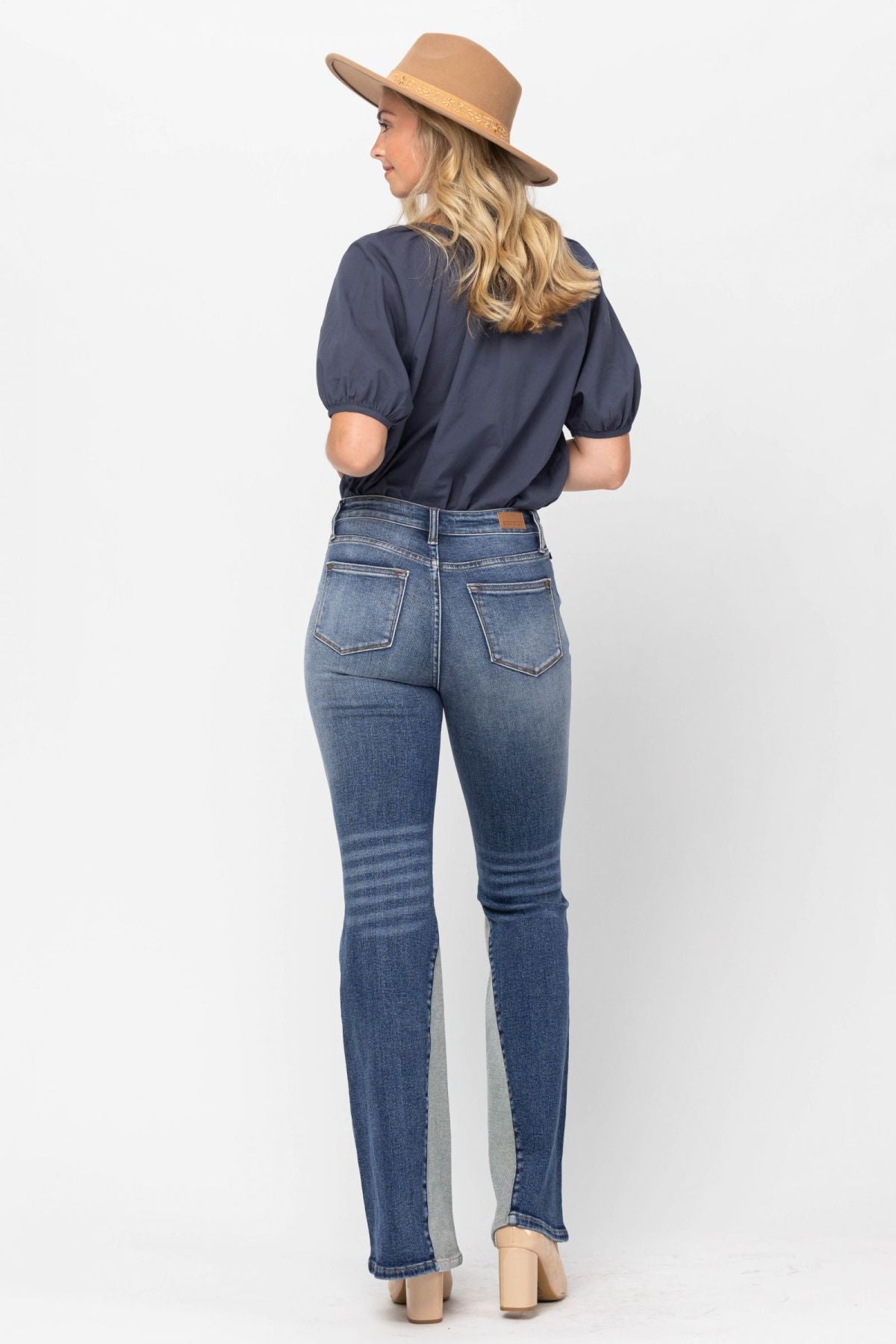 Mid-Rise Two Tone Panel Flare Jeans Ins Street