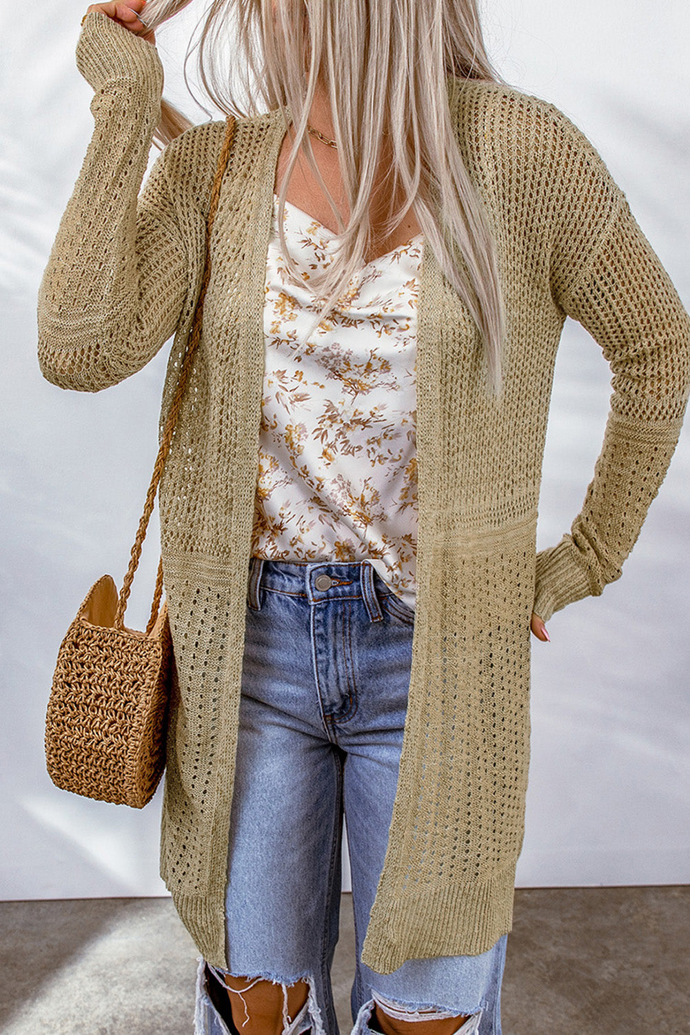 Openwork Dropped Shoulder Open Front Cardigan Ins Street