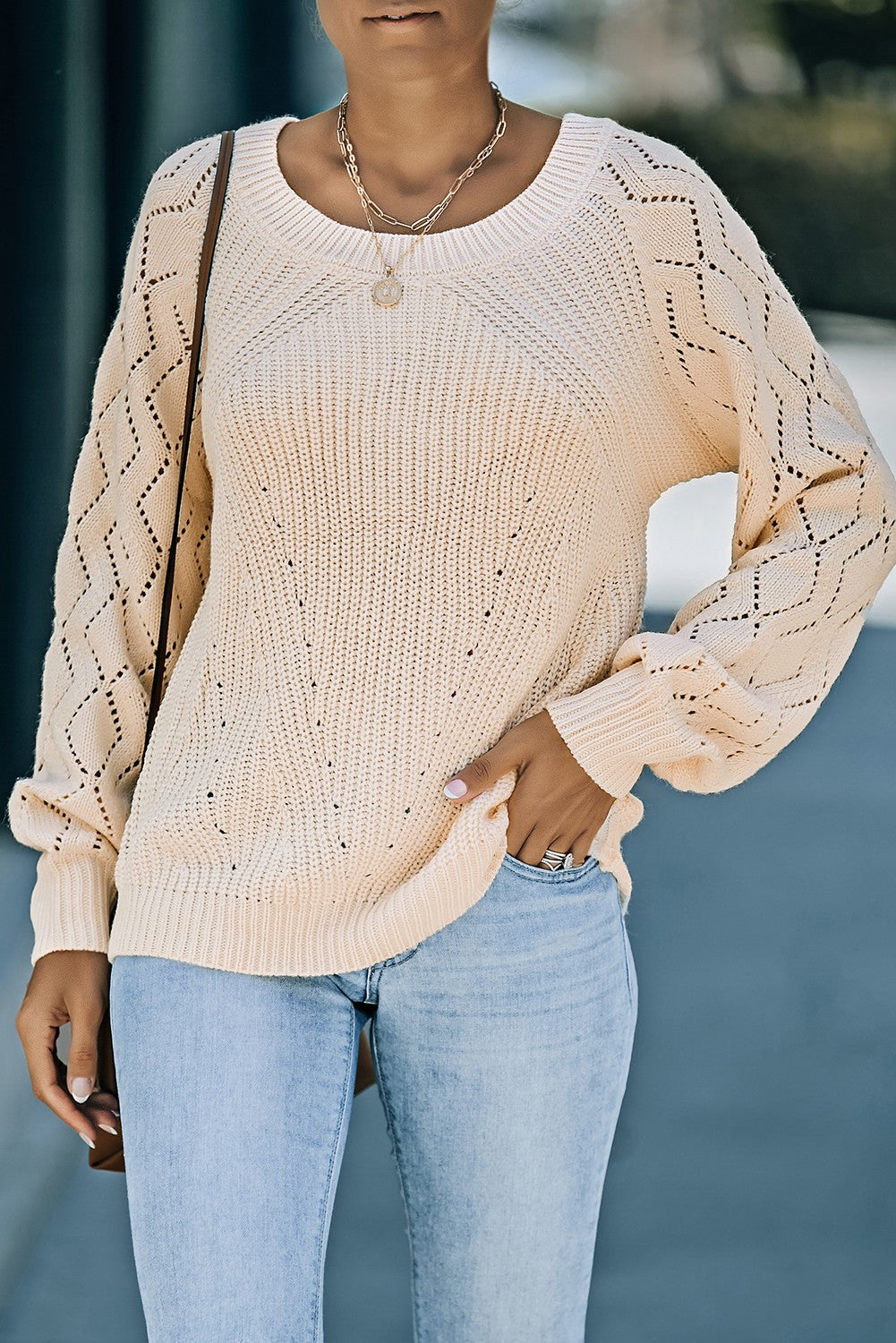 Openwork Round Neck Raglan Sleeve Sweater Ins Street