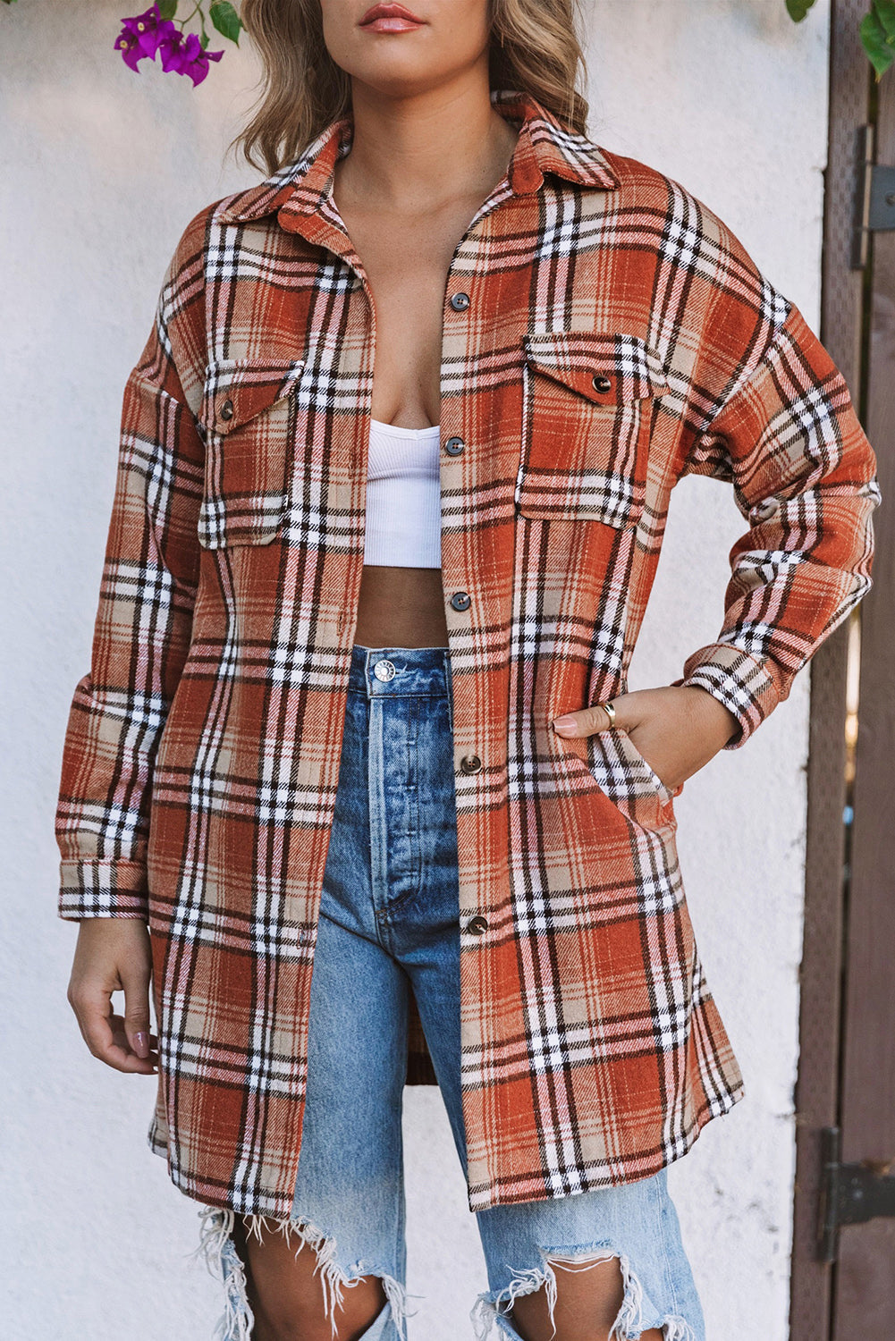 Plaid Drop Shoulder Side Slit Shirt Dress Ins Street