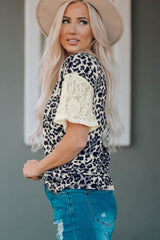 Leopard Print Lace Sleeve Round Neck Tee Ins Street