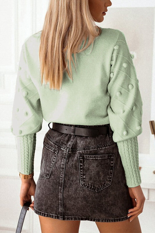 Light Green Long Sleeve Pom-Pom Knit Sweater Ins street