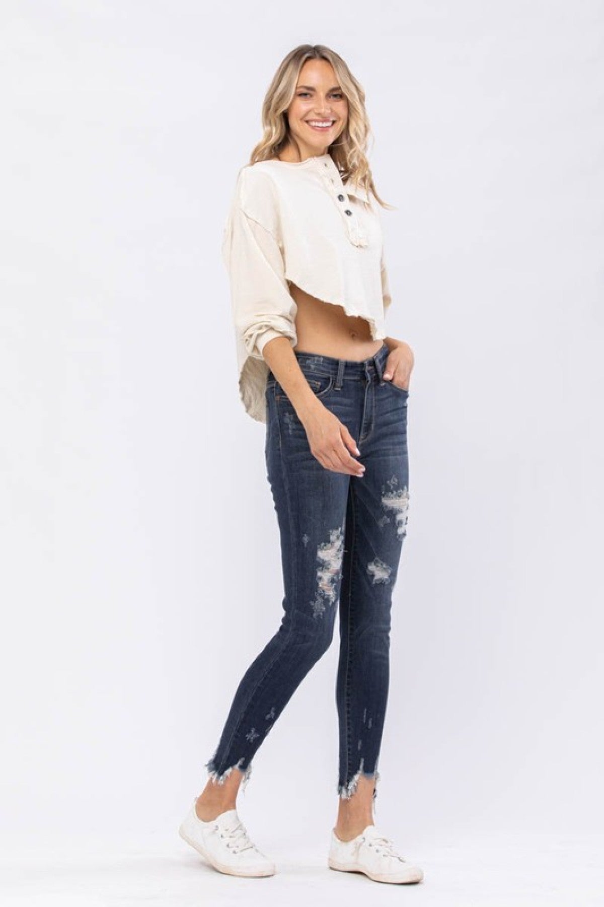 Mid-Rise Destroyed Hem Shark Bite Skinny Jeans Ins Street