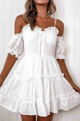 Eyelet Embroidered Ruffle Spaghetti Strap Summer Mini Dress Ins street