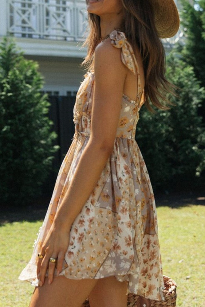Floral Smocked Bodice Ruffle Shoulder Tie Dress Ins street