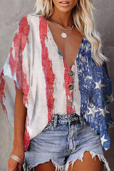 American Flag Print Batwing Sleeve Blouse Ins street