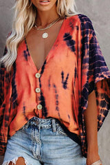 Orange Tie-Dye Print Batwing Sleeve Blouse Ins street