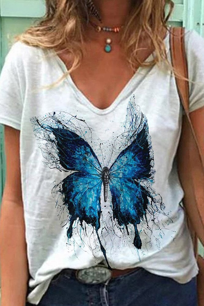 V-Neck Butterfly Print T-Shirt Ins street