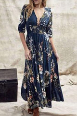 Half Sleeve V-Neck Patchwork Ankle-Length High Waist Women's Dress Ins street