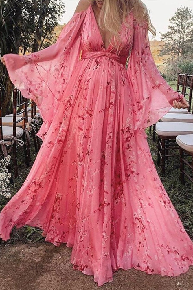 Long and Flowy Pink Floor Length Dress Ins street