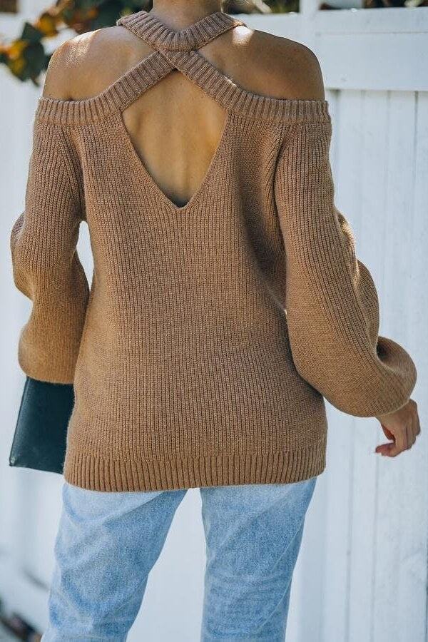 Camel Brown Malia Cold Shoulder Knit Sweater Ins street
