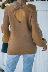 Camel Brown Malia Cold Shoulder Knit Sweater Ins street