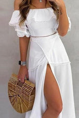 Off Shoulder Half Sleeve Ankle-Length Patchwork Pullover Women's Dress Ins street