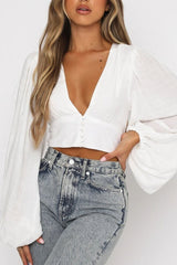 Plunging Lantern Sleeve Crop Top Ins street