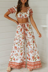 Floral Crop Top & Wide Legs Pants Two-Piece Set Ins street