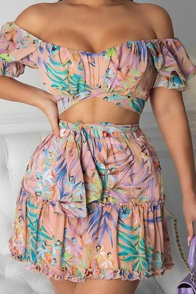 Off-Shoulder Floral Top & Skirt Coord Two-Piece Set Ins street
