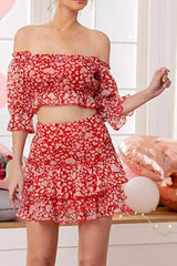 Heart Print Off-Shoulder Top & Skirt Coord Two-Piece Set Ins street