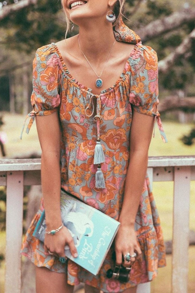 Floral Scoop Neck Tassel Dress Ins street