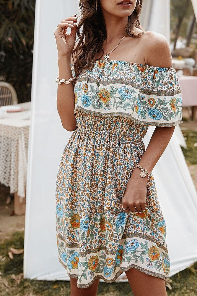 Floral Off-Shoulder Frill Mini Dress Ins street