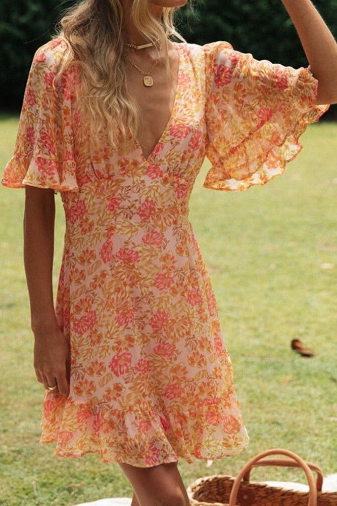 Orange Floral Flare Sleeves Open Back Mini Dress Ins street