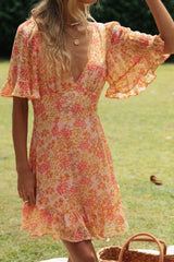 Orange Floral Flare Sleeves Open Back Mini Dress Ins street