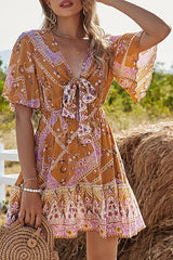 Multicolor V-Neck Flare Sleeve High Waist Knot Dress Ins street