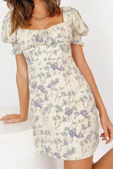 Floral Square Neck Puff Sleeve Mini Dress Ins street