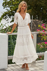 Boho White V-Neck Lace Maxi Dress Ins street